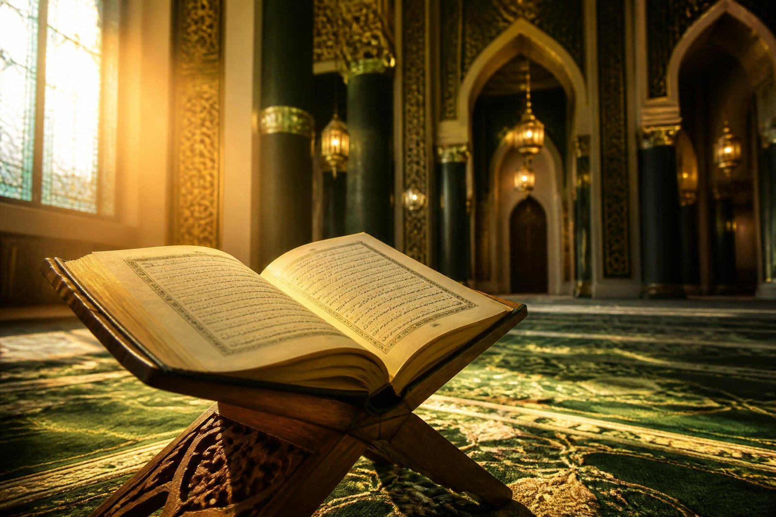Open Quran on a wooden stand lit by golden sunlight inside an emerald-green mosque